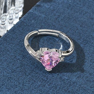 Adjustable Brass Finger Rings with Pink Heart Cubic Zirconia for Valentine's Day CU-CBA7E55-11P-1