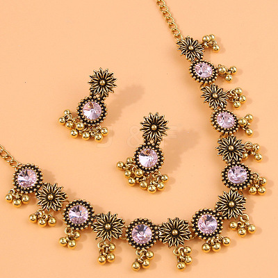 Flat Round & Flower Alloy Rhinestone Pendant Necklace & Stud Dangle Earring Sets FS-WG9BC55-03-1