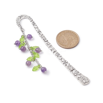 Mixed Natural Gemstone Bead Pendant Bookmarks with Acrylic Leaf AJEW-JK00272-1