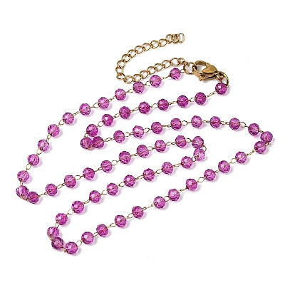 304 Stainless Steel with Glass Faceted Rondelle Bead Handmade Link Chain Birth Stone Necklaces for Women NJEW-G195-01G-08-1