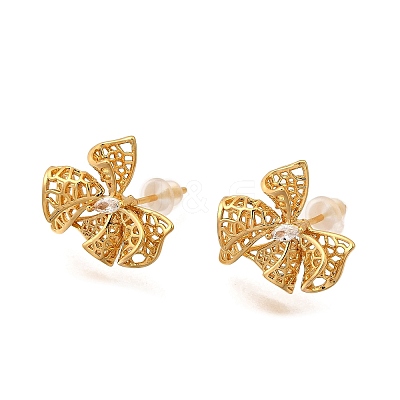 Bowknot Brass Micro Pave Cubic Zirconia Stud Earrings EJEW-B148-07A-G-1