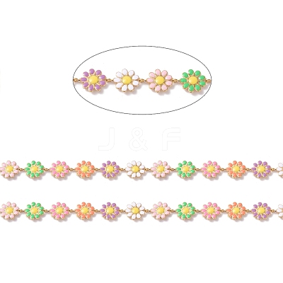 Ion Plating(IP) 304 Stainless Steel Daisy Flower Link Chains with Enamel AJEW-J035-03G-13-1