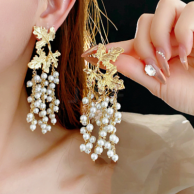 Alloy Plastic Pearl Bead Leaf Dangle Stud Earrings FS-WGB9C0C-01-1