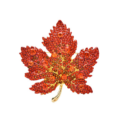 Autumn Maple Leaf Light Gold Alloy Rhinestone Brooch Pins PW-WG57699-01-1