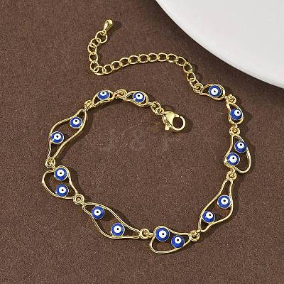 Brass Enamel Flat Round Evil Eye Link Chain Bracelets for Women BJEW-G764-01G-05-1