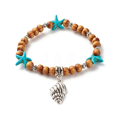 Starfish Synthetic Turquoise Beads & Round Natural Wood Beads Stretch Bracelet BJEW-JB07270-1
