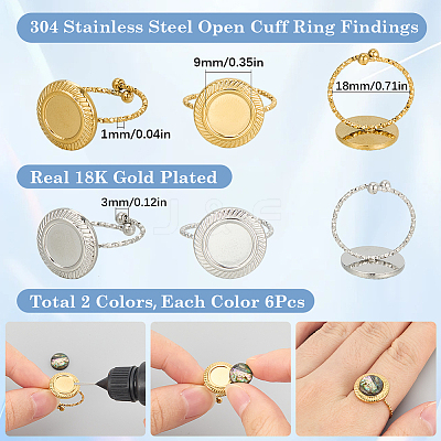 12Pcs 2 Colors 304 Stainless Steel Open Cuff Ring Component STAS-SC0007-88-1