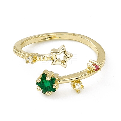 Colorful Cubic Zirconia Double Star Open Cuff Ring RJEW-F129-07G-1