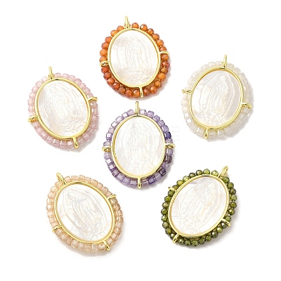 Rack Plating Brass Micro Pave Cubic Zirconia & Shell Pendants KK-G488-17G-1