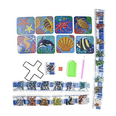 DIY Marine Animal Theme Diamond Painting Square Wood Cup Mat Kits DIY-H163-04-1