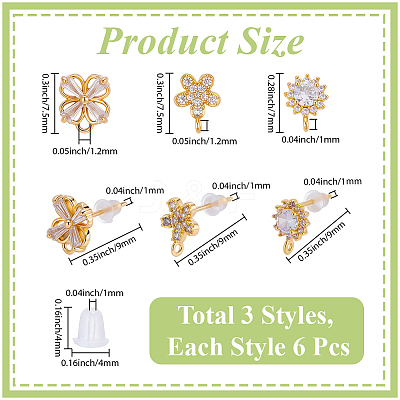 18Pcs 3 Styles Brass Pave Clear Cubic Zirconia Stud Earring Findings KK-BBC0023-14-1