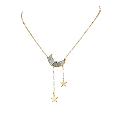 4Pcs 4 Styles Natural Aquamarine & Rose Quartz & Topaz Jade & Amethyst Chip Beads Moon Pendant Brass Cable Chain Necklaces for Women NJEW-TA00257-1