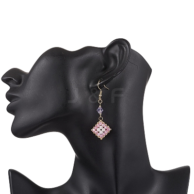 304 Stainless Steel Handmade Glass Seed Beads Rhombus Dangle Earrings EJEW-MZ00517-01-1