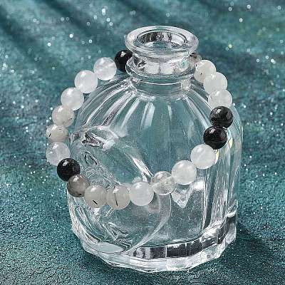 Natural Tourmalinated Quartz/Black Rutilated Quartz Stretch Beaded Bracelets G-A185-01J-1