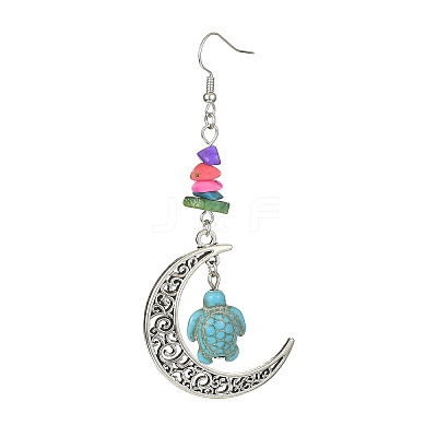 Dyed Synthetic Turquoise Crescent Moon with Tortoise Dangle Earring EJEW-JE05269-02-1