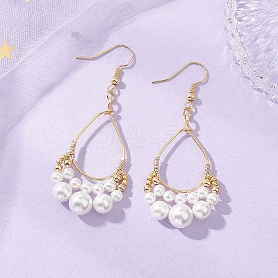 Copper Wired Shell Pearl & Pearl Dangle Earrings EJEW-JE06902-1
