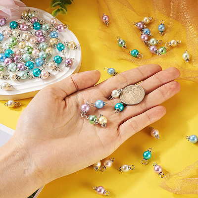 90Pcs 9 Colors Pearlized Glass Pearl Connector Charms PALLOY-TA0002-49A-1