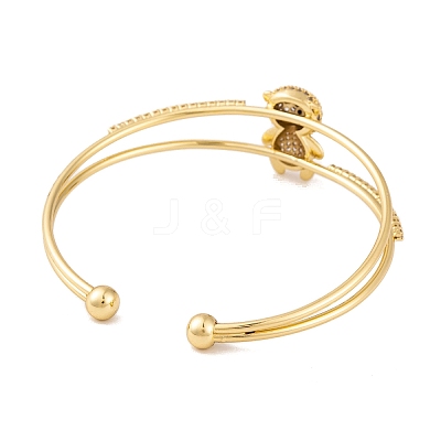 Brass Micro Pave Clear Cubic Zirconia 2-Strand Bear Open Cuff Bangles for Women BJEW-S147-12G-1