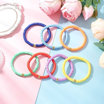 7Pcs 7 Colors Handmade Polymer Clay Heishi & Brass Bead Stretch Bracelets for Women BJEW-MZ00199-1