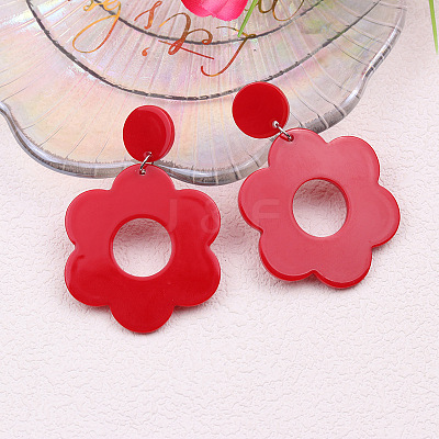 Flower with Flat Round Opaque Acrylic Dangle Stud Earrings FS-WG69462-10-1