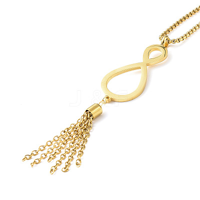 Ion Plating(IP) 304 Stainless Steel Infinity with Tassel Pendant Necklace with Box Chains for Women NJEW-B087-05G-1