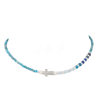 Natural Mixed Stone Faceted Round and Dyed Malaysia Jade & Pearl Beaded Necklaces with Brass Micro Pave Clear Cubic Zirconia Cross NJEW-JN05975-1