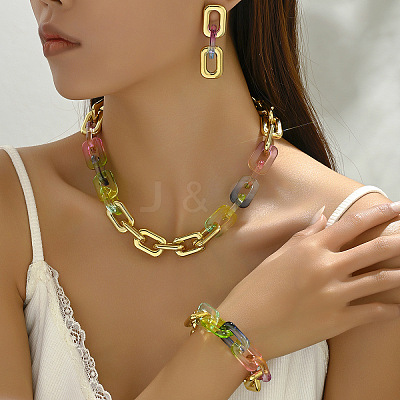 Alloy & Acrylic Rectangle Link Chain Necklace & Bracelet & Stud Dangle Earring Sets FS-WG12B03-01-1