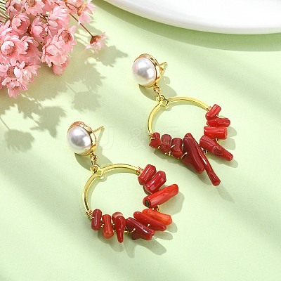 Dyed Synthetic Coral Irregular Column Beaded Dangle Stud Earrings EJEW-TA00293-1
