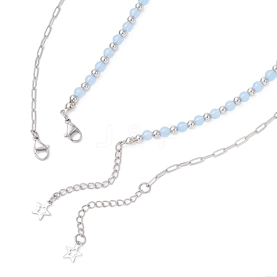 Natural Dyed Malaysia Jade Round Bead 304 Stainless Steel Moon Pendant Double Layer Necklaces for Women NJEW-JN05482-1