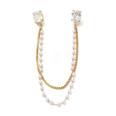 304 Stainless Steel Pave Clear Cubic Zirconia & ABS Pearl Rectangle Hanging Chain Brooch JEWB-S021-03G-1