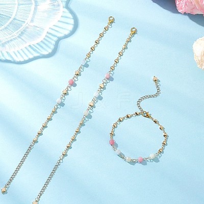 3Pcs Natural Morganite & Brass Beads Link Chain Bracelets for Women BJEW-JB12595-1