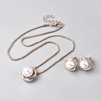 Alloy & Round Imitation Pearl Pendant Necklaces & Stud Earrings Sets SJEW-WH0020-04RG-1