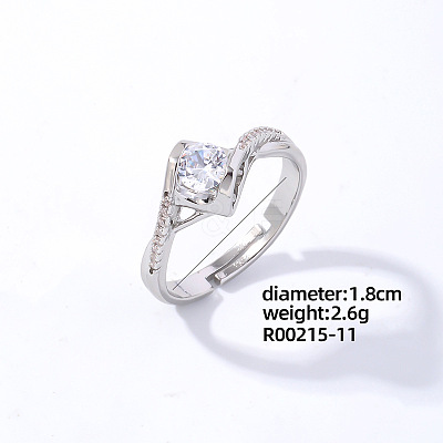Rhombus Platinum Brass Adjustable Ring with Cubic Zirconia EG7863-8-1