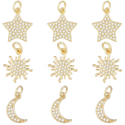 9Pcs 3 Styles Brass Micro Pave Cubic Zirconia Pendants ZIRC-BBC0003-75-1