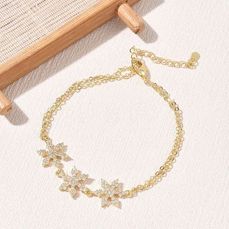 Brass Micro Pave Clear Cubic Zirconia Triple Flower Link 2-Strand Bracelets KK-CBA6980-16G-1