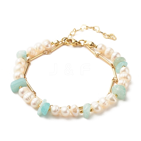 Natural Flower Amazonite & Pearl Beads Double Layered Bracelet BJEW-TA00025-04-1