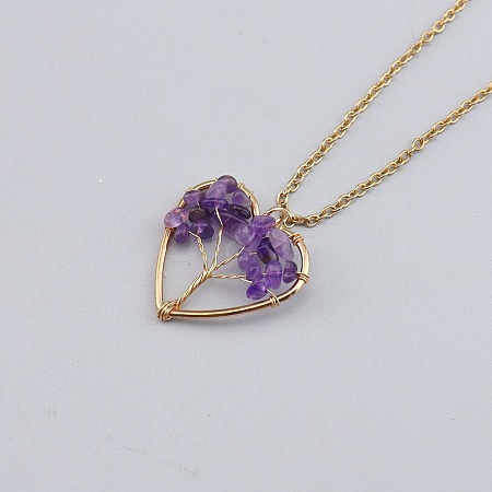 Natural Amethyst Chip Beaded Tree of Life Alloy Heart Pendant Necklaces WG026CB-03-1