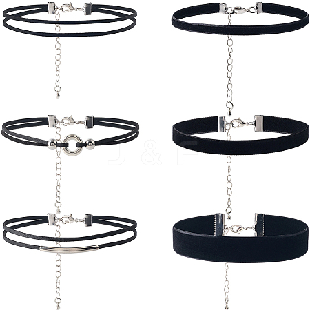 6Pcs 6 Styles Velvet & Imitation Leather Choker Necklaces NJEW-SC0001-71-1