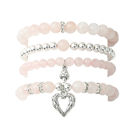 4Pcs 4 Style Natural Rose Quartz Beaded Stretch Bracelets Set BJEW-JB09524-1