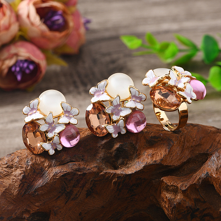 Elegant Vintage Flower Alloy Enamel Stud Earrings & Rings Sets XH9844-1