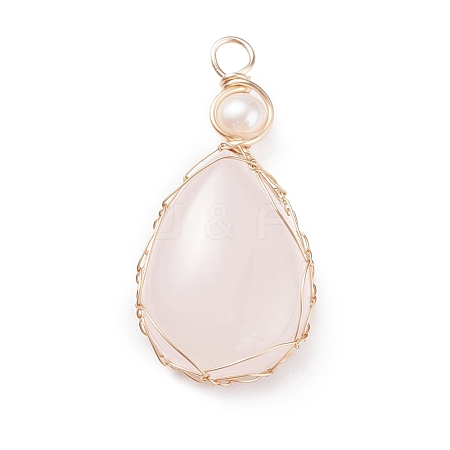 Natural Rose Quartz Copper Wire Wrapped Pendants PALLOY-JF01398-03-1