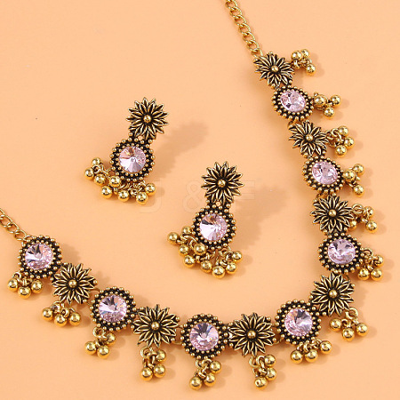 Flat Round & Flower Alloy Rhinestone Pendant Necklace & Stud Dangle Earring Sets FS-WG9BC55-03-1