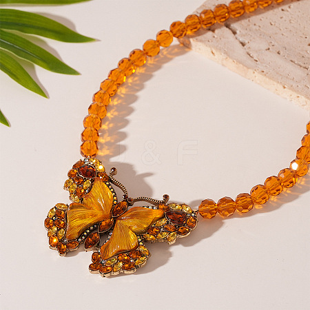 Alloy Topaz Rhinestone Butterfly Pendant Glass Beaded Necklaces for Women WGB9A43-02-1