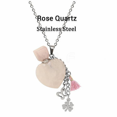 Natural Rose Quartz Teardrop Perfume Bottle Pendant Necklace with Staninless Steel Butterfly Flower and Random Color Tassel Charms BOTT-PW0002-069E-1