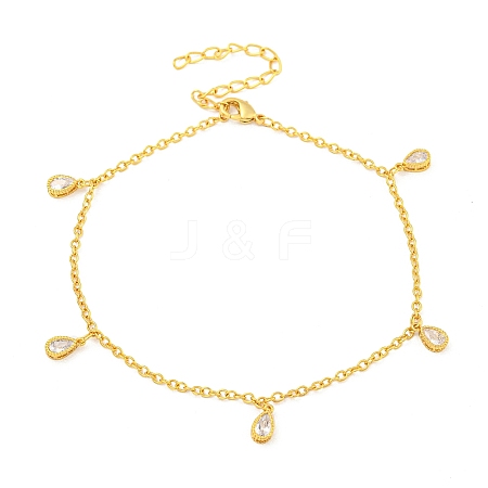 Rack Plating Brass Pave Clear Cubic Zirconia Teardrop Charm Bracelets BJEW-P333-01G-1