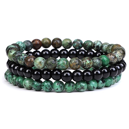 3Pcs 3 Style Natural African Turquoise(Jasper) & Black Agate Round Beaded Stretch Bracelets Set PW23030764297-1