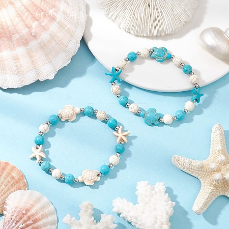 2Pcs Synthetic Turquoise Beaded Stretch Bracelets BJEW-TA00630-1