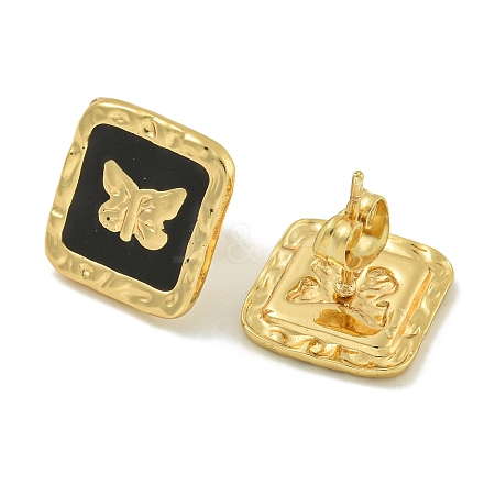 Square with Butterfly Ion Plating(IP) 304 Stainless Steel Stud Earrings EJEW-G400-17G-01-1