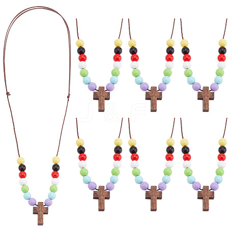 Wood Cross with Acrylic Beaded Pendant Necklaces for Women NJEW-AB00012-1