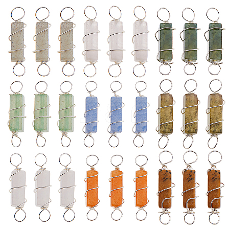 45Pcs 9 Colors Natural Mixed Gemstone Copper Wire Wrapped Rectangle Connector Charms PALLOY-FH00091-1